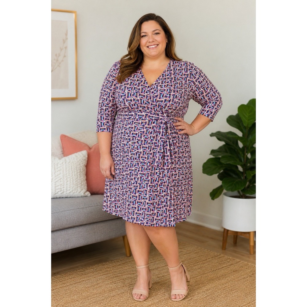 Leota 4L Wrap Dress‎ Geometric Print Knee Length Stretch Career Office Plus Size